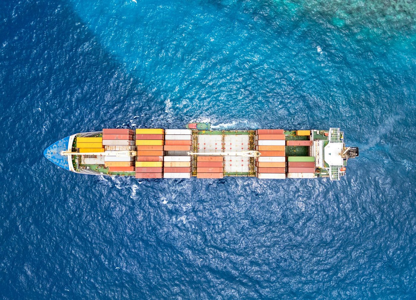 Aerial view of a container ship at sea